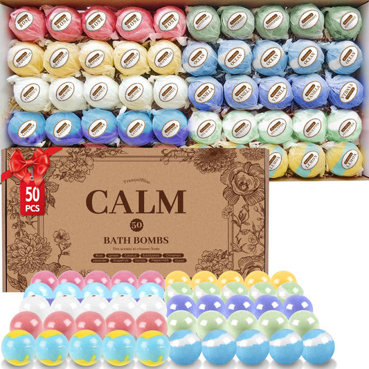 TranquilBliss Bath Bombs Set 50 PCS with 10 Rich Scents, Bath Bombs for Women, Natural Bubble Bombs with Shea Butter & Safe Oil, Ideal for Mother's Day, Valentine's Day, Christmas, Birthday Present