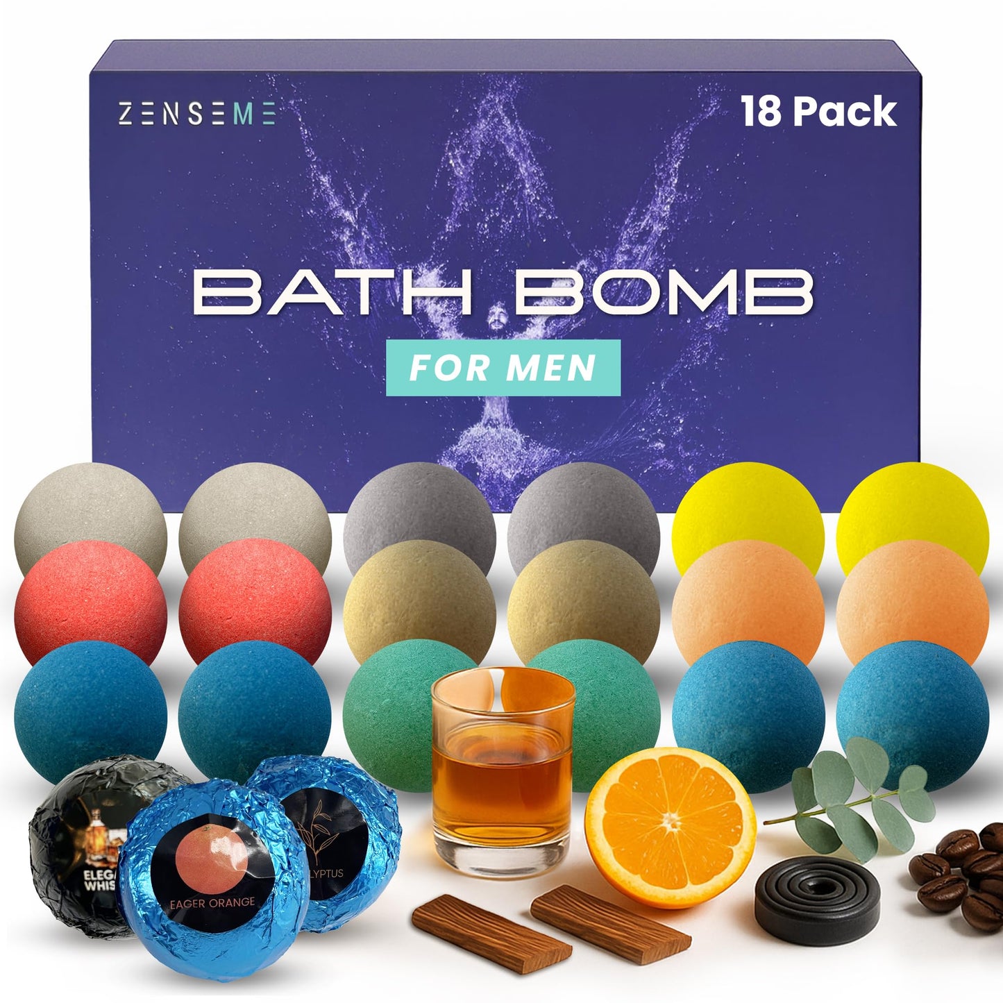 Bath Bombs for Men, Gift Set of 8 Scented Organic Handmade Bath Bombs of 2.5 oz with Natural Essential Oils for Boyfriend, Husband, Father or Friend, by ZenseMe