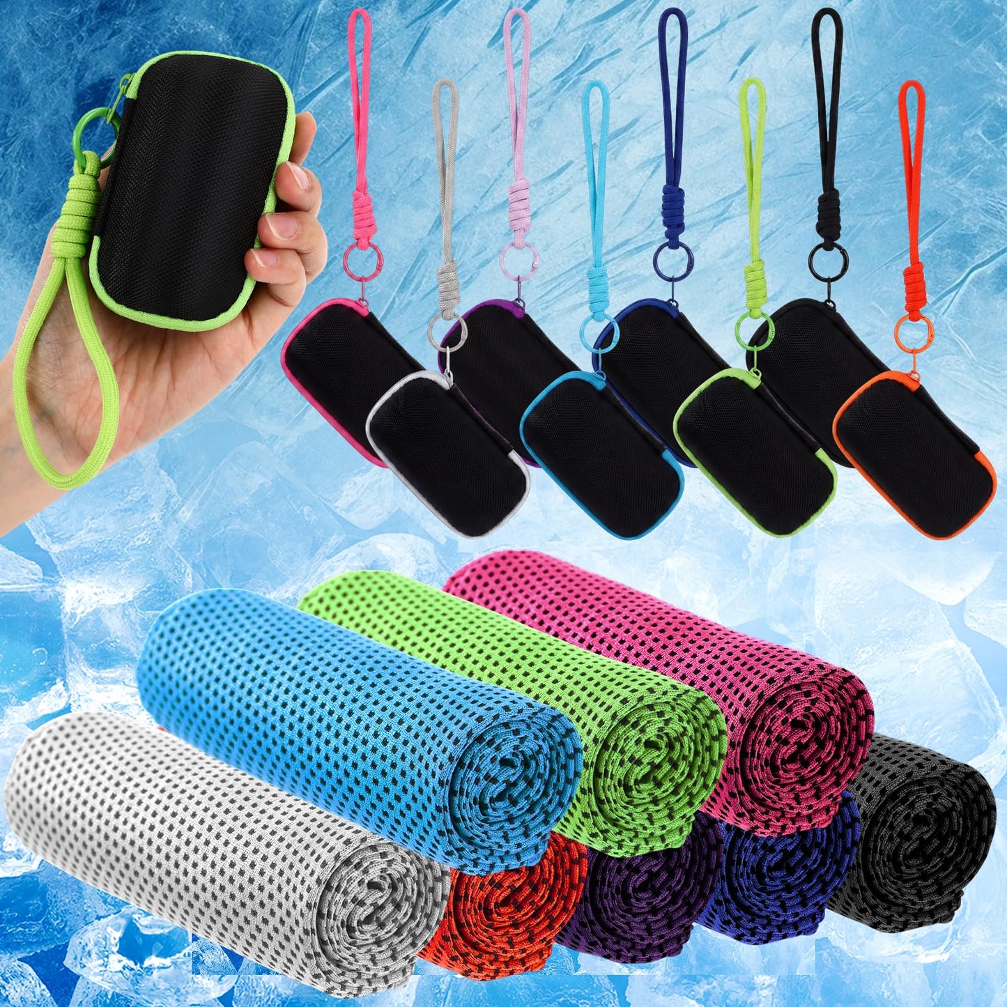 Peryiter 20 Pack Cooling Towels with Silicone Carry Cases Cooling Towels Bulk for Neck and Face Hot Weather Ice Towel Quick Drying Sweat for Sports Yoga Gym Running Fitness 10 Colors 35 x 12 Inches