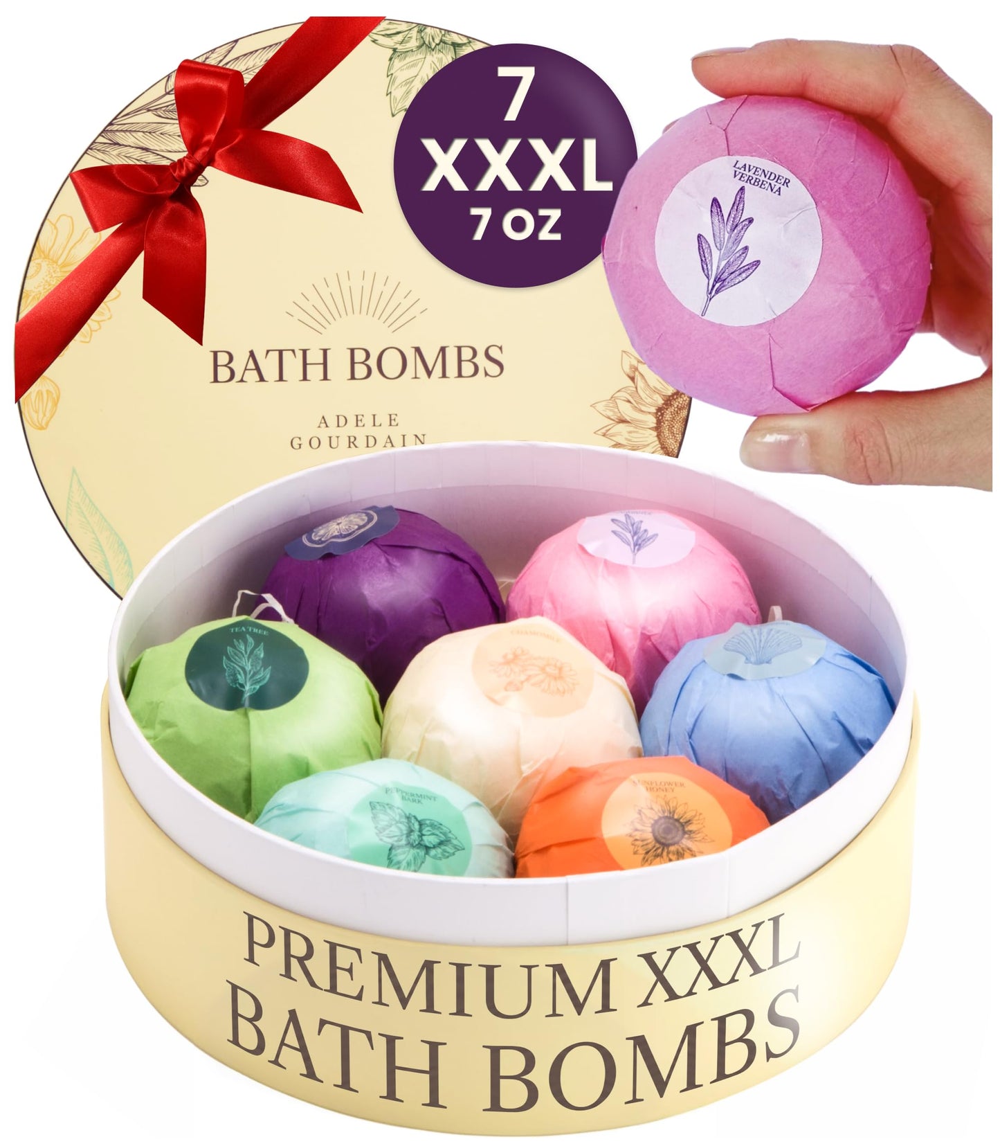 XXXL Bath Bombs for Women Gift Set, 7 Pack, Spa Scents, Adelegourdain | 7 Scents - Arrives in Gift Box - XXXL (200g) - Long-lasting Fizz & Scent - Non-Staining - For Birthdays, Mothersday and More
