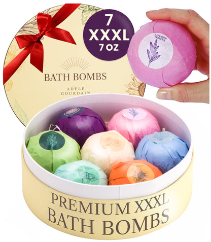 XXXL Bath Bombs for Women Gift Set, 7 Pack, Spa Scents, Adelegourdain | 7 Scents - Arrives in Gift Box - XXXL (200g) - Long-lasting Fizz & Scent - Non-Staining - For Birthdays, Mothersday and More
