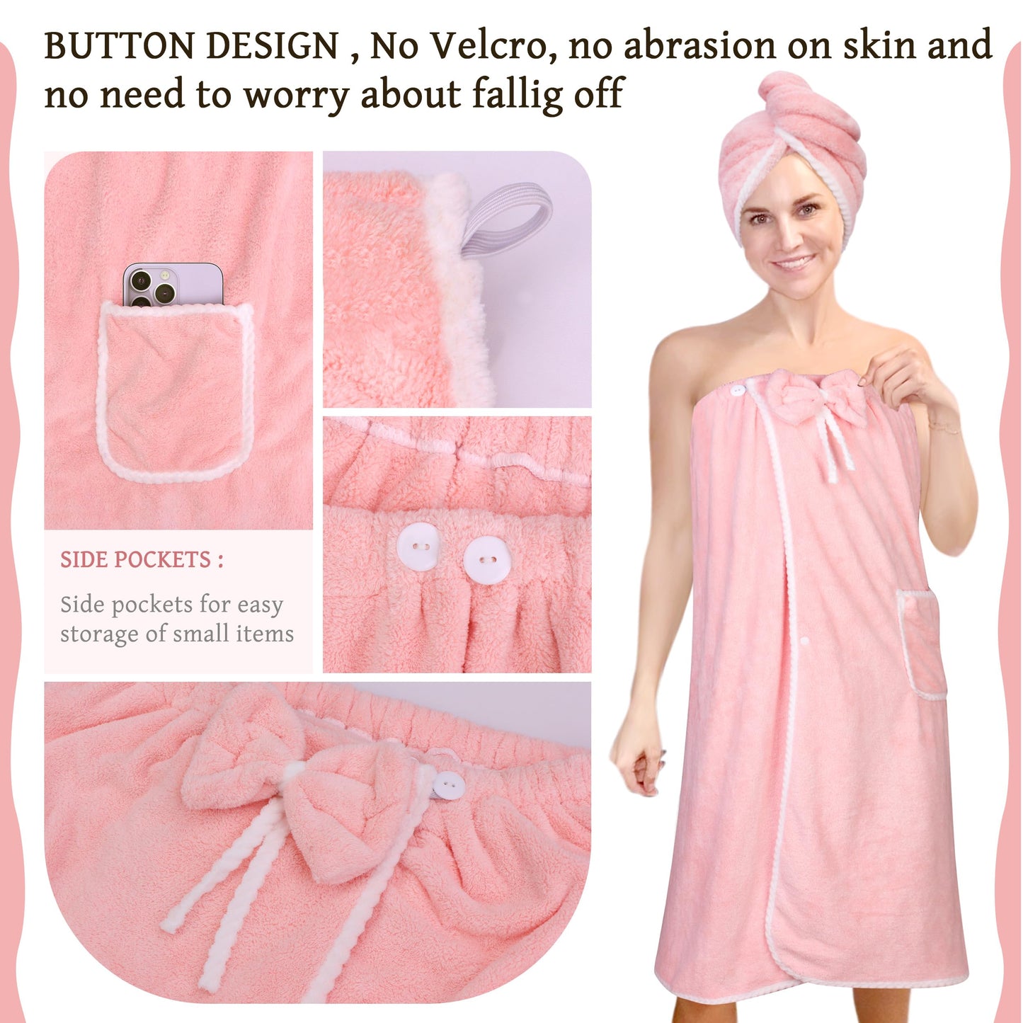 Towel Wrap Women Shower Robe Adjustable Closure Bathrobe with Hair Drying Towel & Spa Wraps