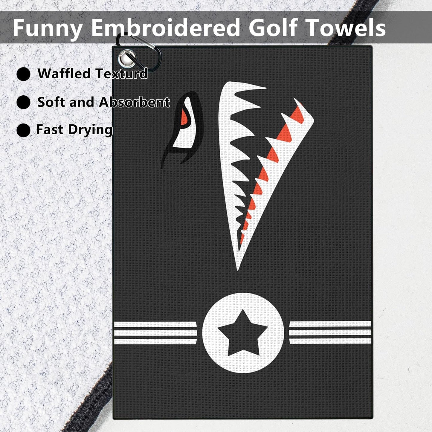 Shark Face Golf Towel, Black Microfiber Waffle Pattern Golf Club Cleaning Towel with Carabiner Clip, Cool Military Star Design Golf Towel for Golf Bags