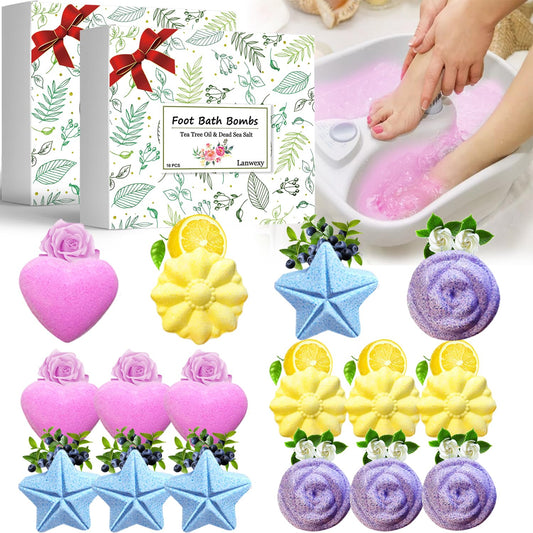 Lanwexy Bath Foot Bombs, 16 Pack Foot Soak with Bath Salt and Tea Tree Oil for Christmas. Organic Natural Handmade Aroma Pure Essential Oil Bubble Feet Balls for Foot Callus, Stubborn Feet Odor Scent.