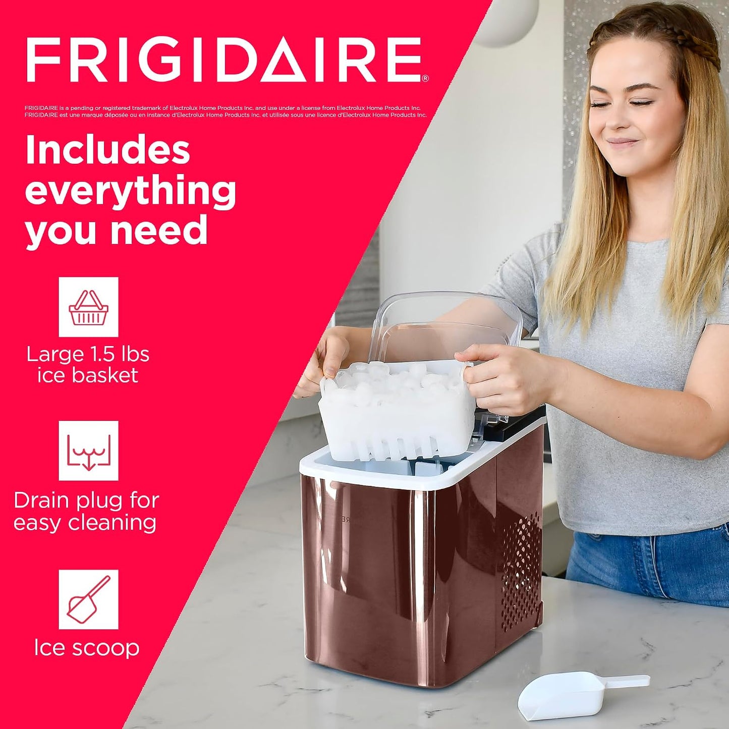 FRIGIDAIRE - Stainless Steel Countertop Ice Maker Machine with 26 lb Capacity | Ice Machine Makes 9 Cubes Every 7-15 Minutes | Portable Ice Maker for Countertop with Ice Shovel & Drain Plug