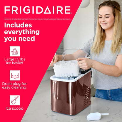 FRIGIDAIRE - Stainless Steel Countertop Ice Maker Machine with 26 lb Capacity | Ice Machine Makes 9 Cubes Every 7-15 Minutes | Portable Ice Maker for Countertop with Ice Shovel & Drain Plug