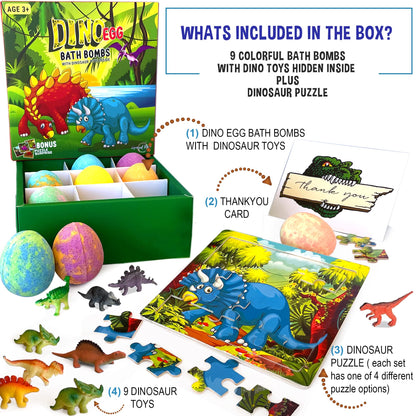 Bath Bombs for Kids with Surprise Toys Inside Plus Dinosaur Puzzle - Set of 9 Organic Dino Egg Bath Bombs, Gentle and Kids Safe, Fizzy Balls with Rich Bubbles, Birthday Gifts for Boys, Girls