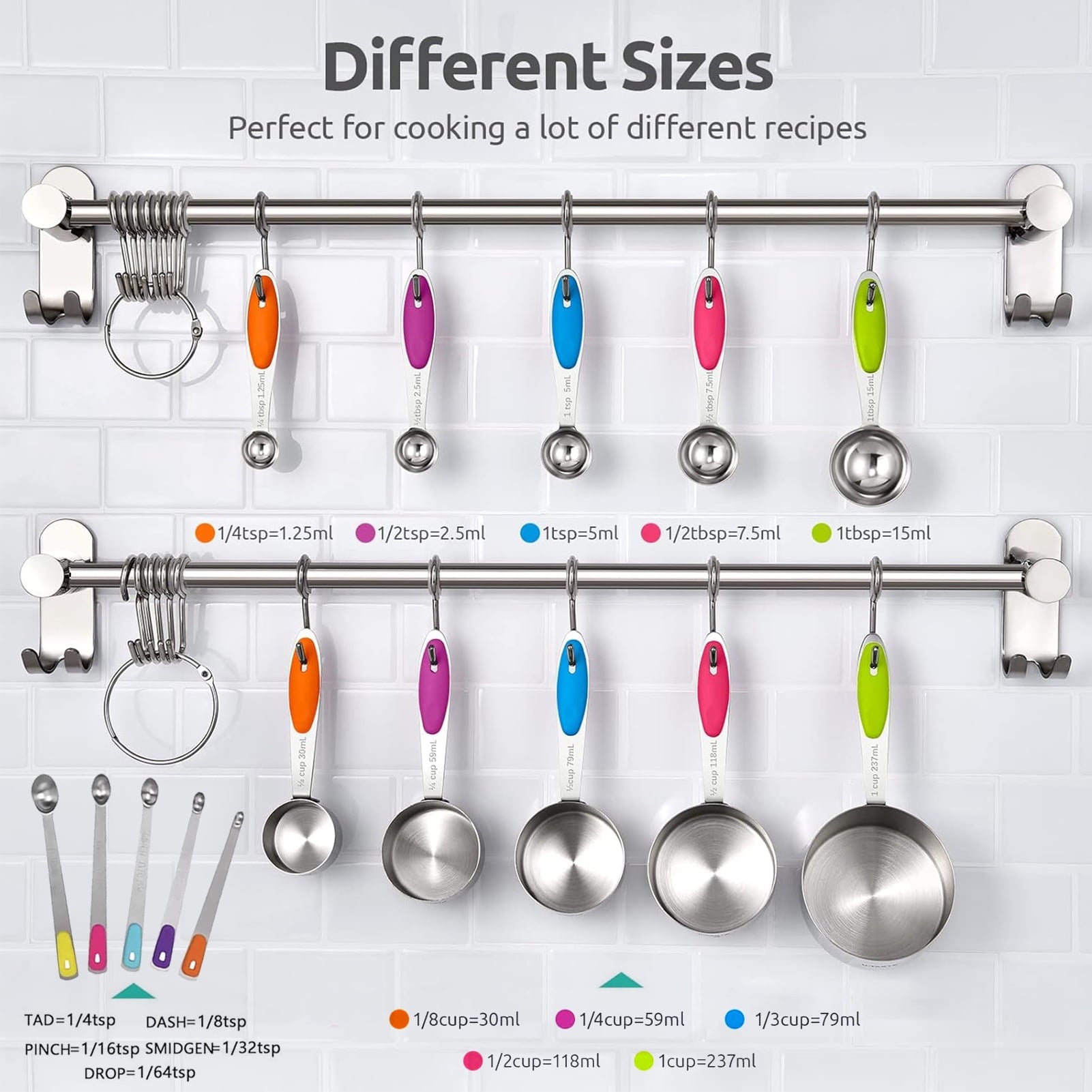 Professional Grade Stainless Steel Measuring Cups and Spoons Set of 15, 5 Stainless Steel Nesting Measuring Cups & 5 Spoons, 5 Mini Meas... - High-Precision Culinary Tool for Baking & Cooking Detail