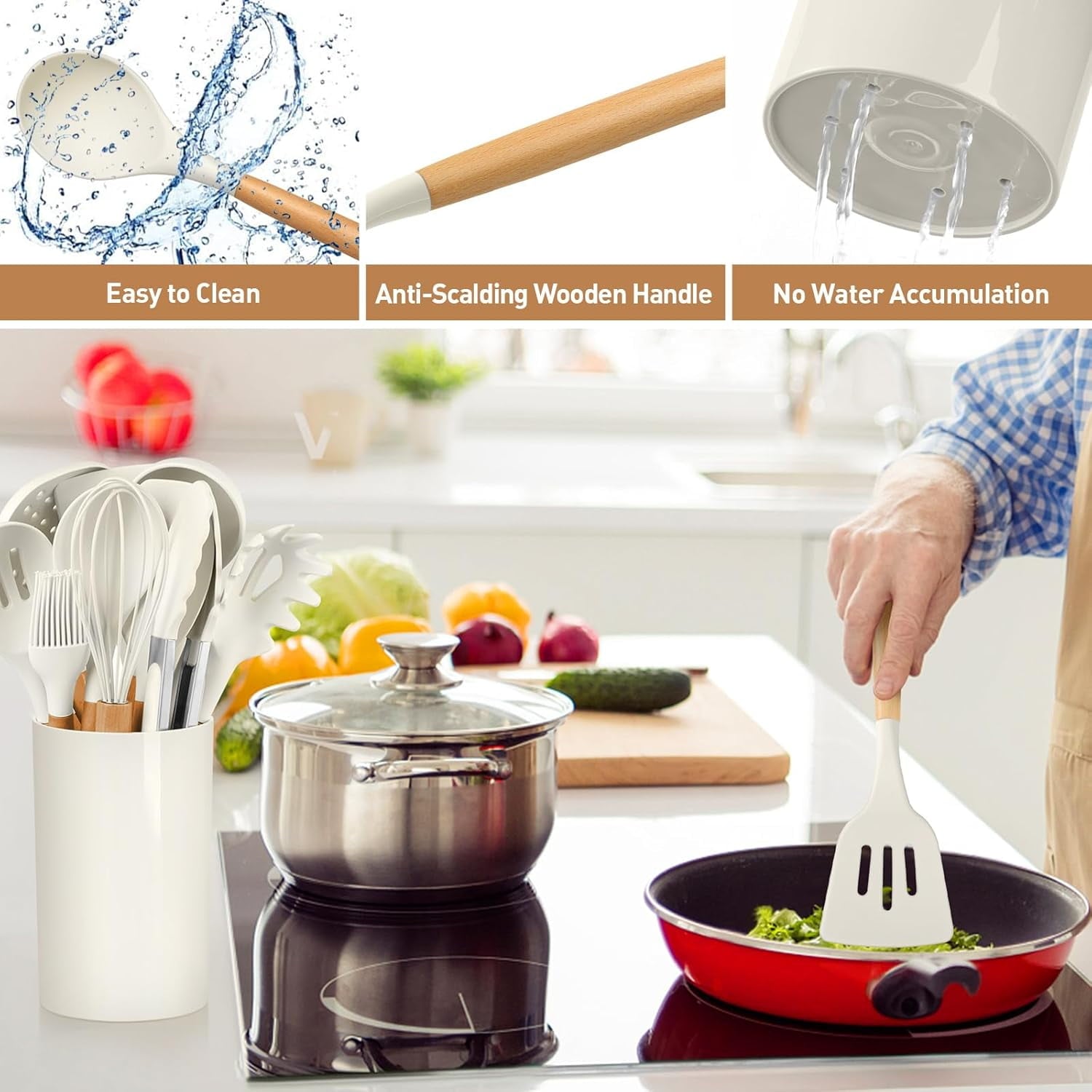 Seamless One-Piece Cooking Utensils Set, 12 packs Non-Stick Silicone Cooking Kitchen Utensils Spatula Set with Wooden Handles and... - Durable Turner & Ladle Utensil Set for Home Chefs Detail
