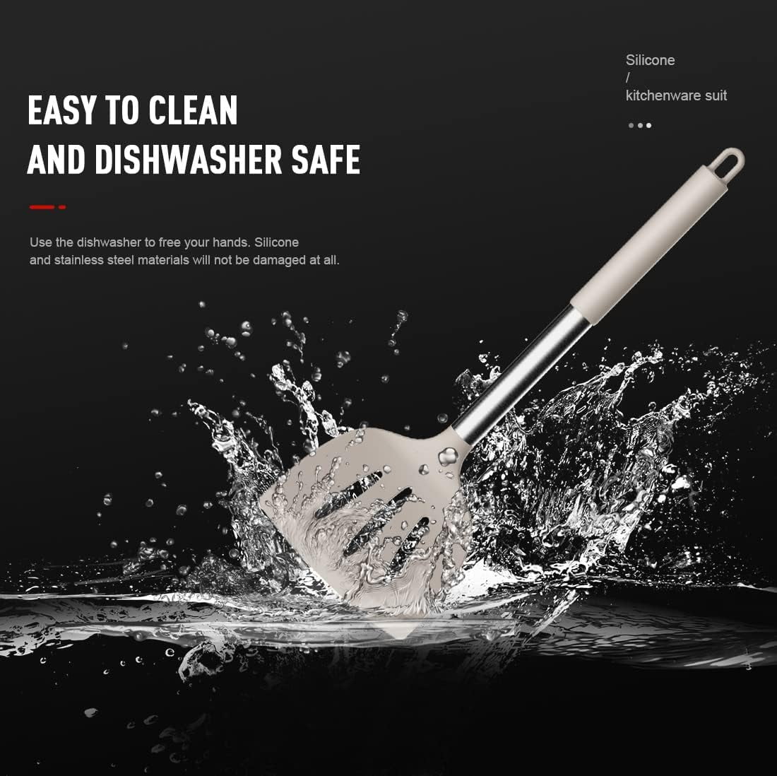Seamless One-Piece Large Silicone Cooking Utensils Set - Heat Resistant Kitchen Utensils,Turner Tongs,Spatula,Spoon,Brush,Whisk,Stainles... - Premium Stainless Steel Cooking Utensil for Non-Stick Pots Detail