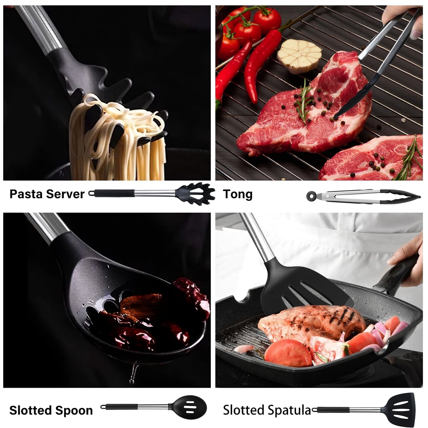 Ergonomic Cooking Silicone Cooking Utensils Set, 26 Pcs, Heat Resistant Kitchen Utensils Set, Black - Premium Stainless Steel Cooking Utensil for Non-Stick Pots Detail