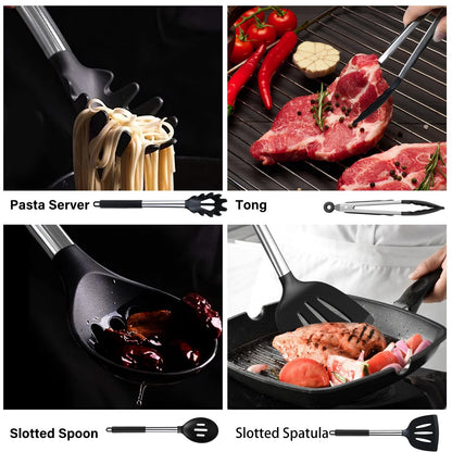 Ergonomic Cooking Silicone Cooking Utensils Set, 26 Pcs, Heat Resistant Kitchen Utensils Set, Black - Premium Stainless Steel Cooking Utensil for Non-Stick Pots Detail