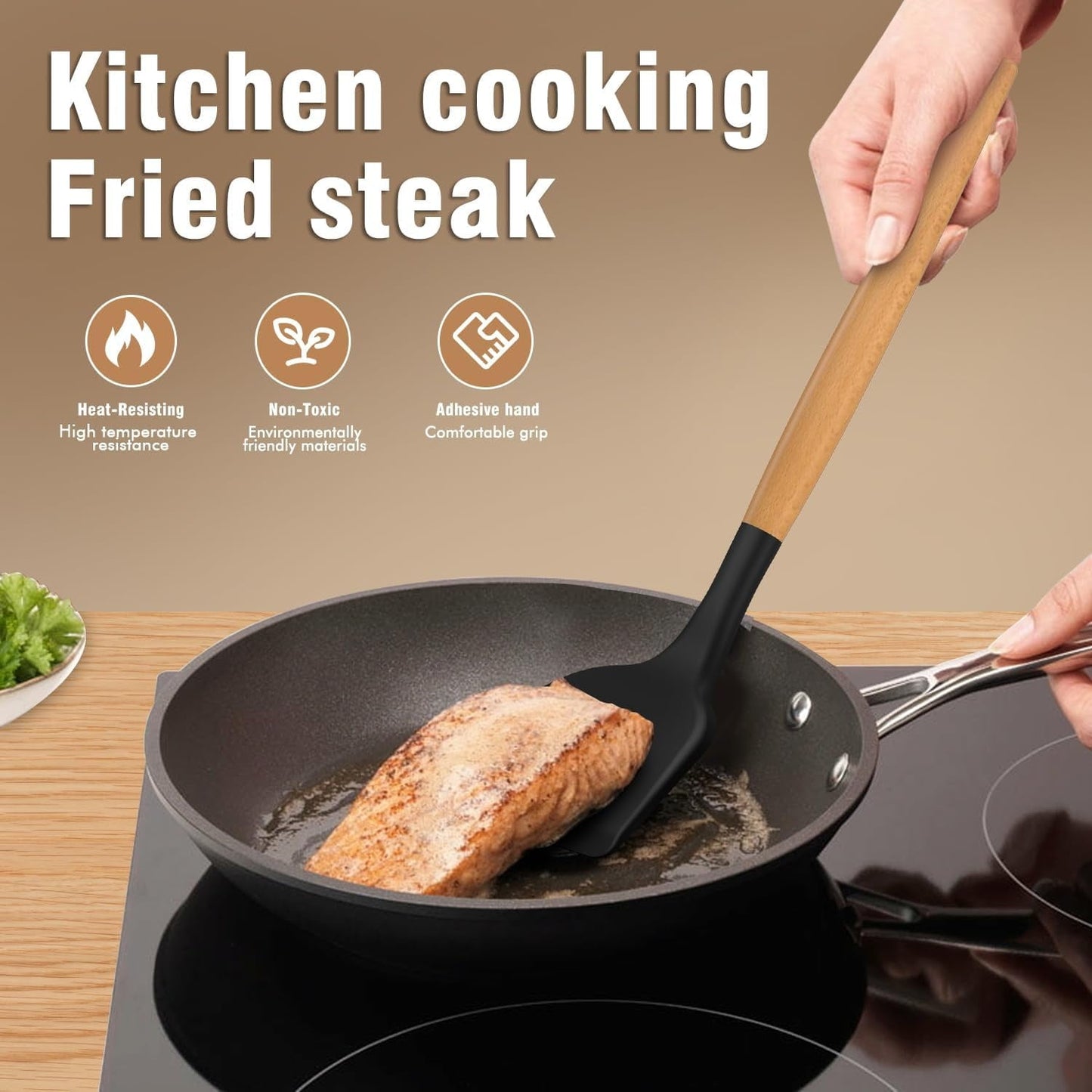 Ergonomic Manual Silicone Cooking Utensils Set - Silicone Kitchen Utensils for Cooking Wooden Handles, 446°F Heat Resistant Kitchen Ut... - Innovative Kitchen Helper for Modern Cooking Detail
