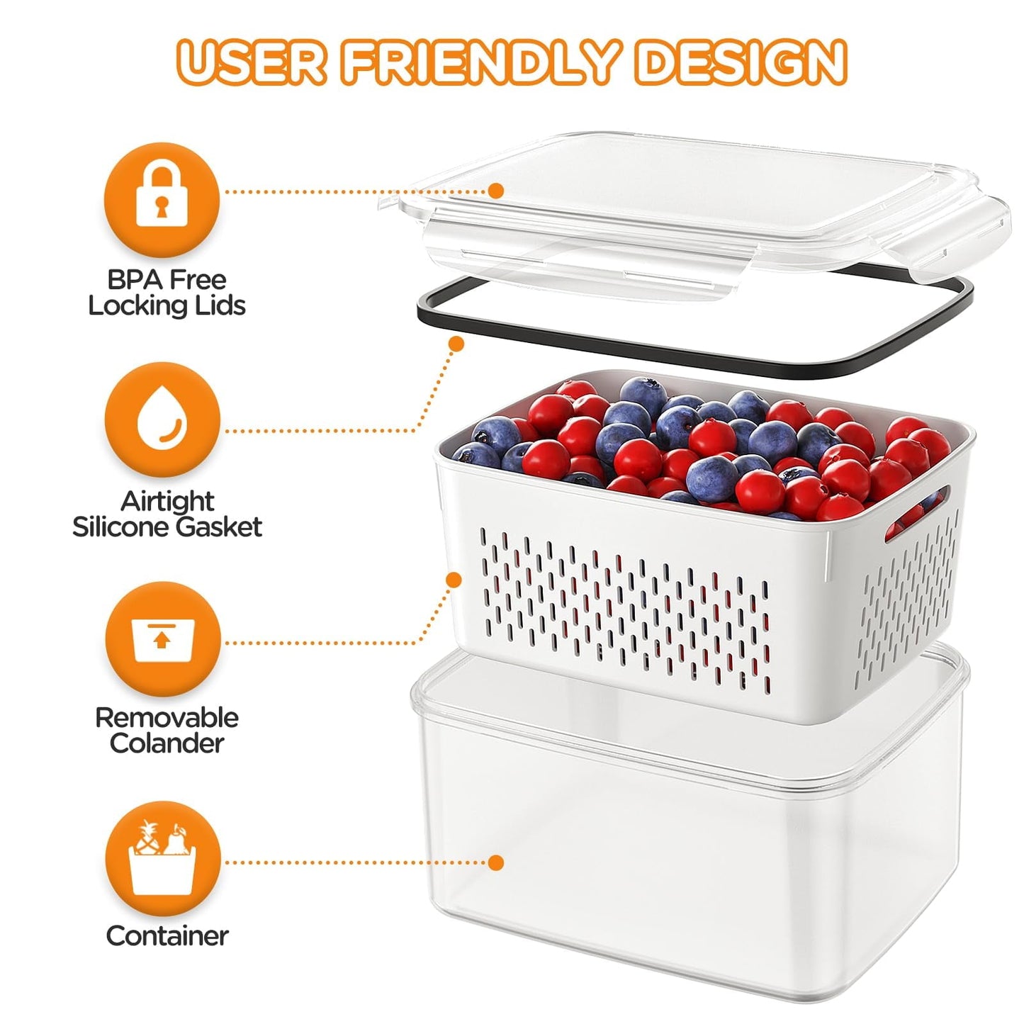 Fun Food Fidget 5 Pack Fruit Storage Containers for Fridge with Removable Colanders and Lids, 5 in 1 Leakproof Fridge Organizer Bins ... - Playful Star & Heart Shaped Geometric NeeDoh Detail