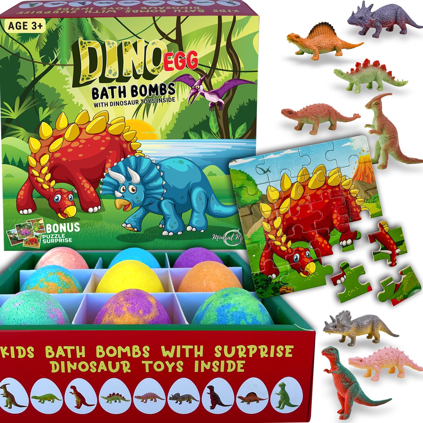 Bath Bombs for Kids with Surprise Toys Inside Plus Dinosaur Puzzle - Set of 9 Organic Dino Egg Bath Bombs, Gentle and Kids Safe, Fizzy Balls with Rich Bubbles, Birthday Gifts for Boys, Girls