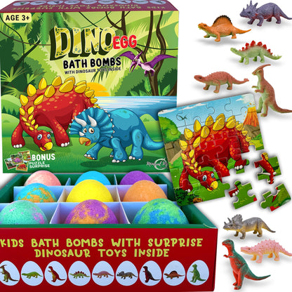 Bath Bombs for Kids with Surprise Toys Inside Plus Dinosaur Puzzle - Set of 9 Organic Dino Egg Bath Bombs, Gentle and Kids Safe, Fizzy Balls with Rich Bubbles, Birthday Gifts for Boys, Girls