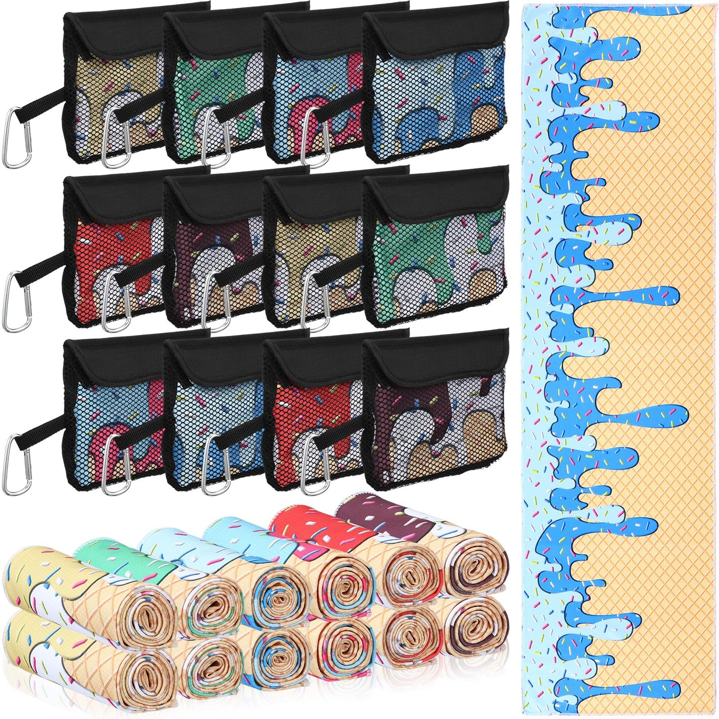 Moukeren 12 Pcs Cooling Towel with Mesh Storage Bag and D Ring Hook, 40" x 12" Soft Breathable Chilly Microfiber Sport Towels for Yoga Running Gym Workout Sport Party Favors Team Gift(Ice Cream Drip)