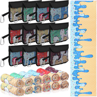Moukeren 12 Pcs Cooling Towel with Mesh Storage Bag and D Ring Hook, 40" x 12" Soft Breathable Chilly Microfiber Sport Towels for Yoga Running Gym Workout Sport Party Favors Team Gift(Ice Cream Drip)