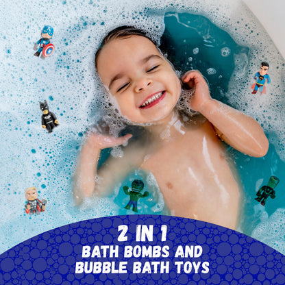 Superhero Bath Bombs for Kids with Surprise Toys Inside (6 Pack) - Large Bubble Bomb Fizzies for Boys, Girls, & Toddlers - Birthday Gift for Kids - Fruity Scent, USA Made by Two Sisters