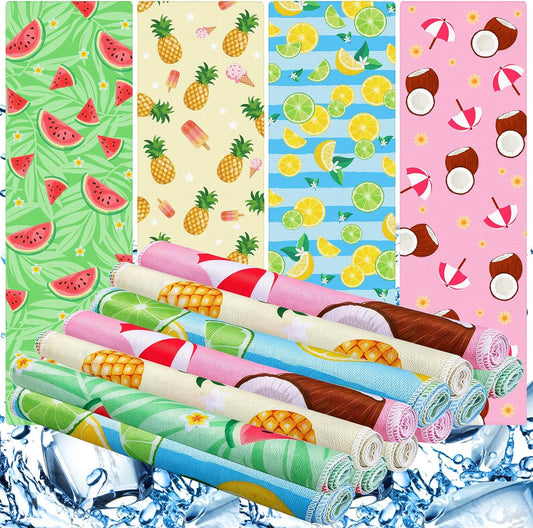 12-Pack Beach Party Theme Cooling Towels - 40"x12" Quick-Dry Microfiber Ice Towels with Tropical Fruit Design Lemon Coconut Watermelon Pineapple Perfect for Pool Gym Sports Summer Events