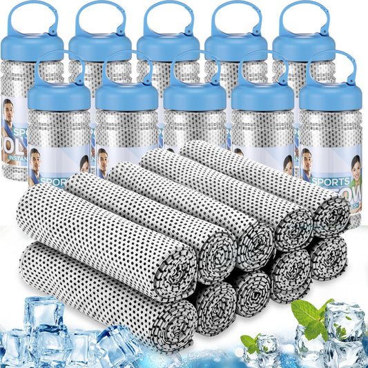 Honoson 10 Pcs Cooling Towels for Neck and Face, 47"x12" Sports Breathable Ice Towels Microfiber Chilly Sweat Rags with Portable Bottle for Gym Golf Athletes Yoga Workout Hot Weather (Mixed Colors)
