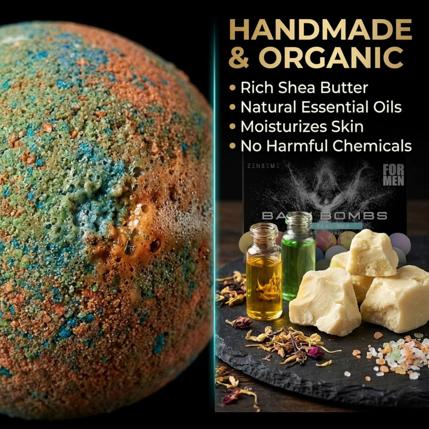 Bath Bombs for Men, Gift Set of 8 Scented Organic Handmade Bath Bombs of 2.5 oz with Natural Essential Oils for Boyfriend, Husband, Father or Friend, by ZenseMe