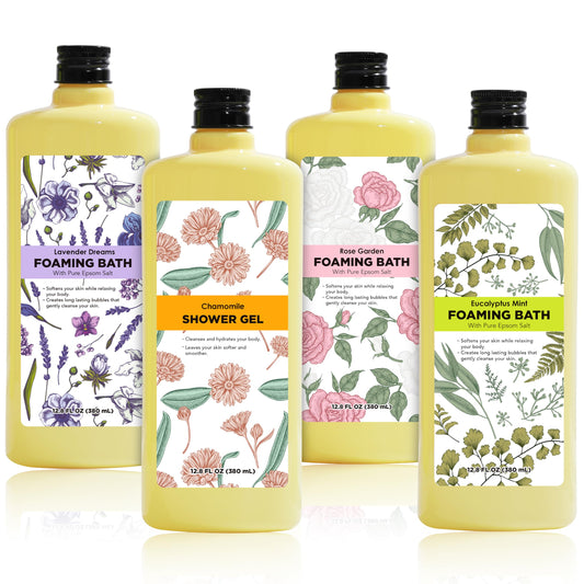 Serenity Sanctuary Bubble Bath for Women, Scented Gift Set for Adults, 51.2 fl oz (Pack of 4), with Shower Gel, Ladies Foaming Bath Variety, Mother's Day Gift for Mom, Christmas Gifts for Wife
