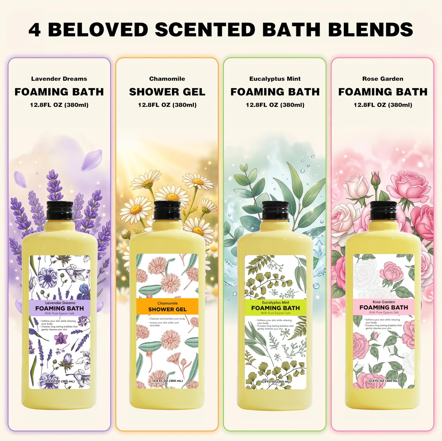 Serenity Sanctuary Bubble Bath for Women, Scented Gift Set for Adults, 51.2 fl oz (Pack of 4), with Shower Gel, Ladies Foaming Bath Variety, Mother's Day Gift for Mom, Christmas Gifts for Wife
