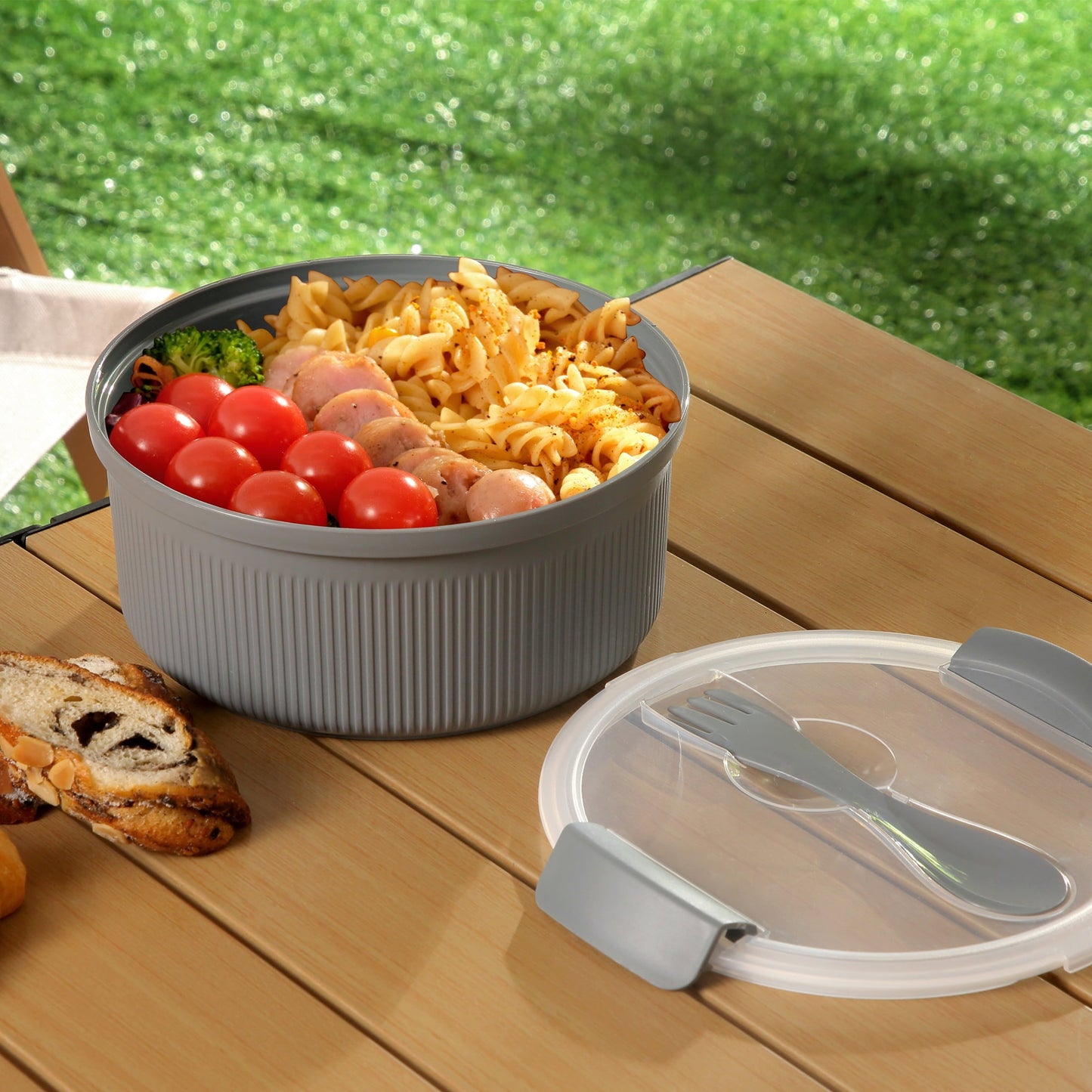 Deliciously Squishy Food Storage Bento Container, Round, Grey, 47oz Capacity, Ideal Use for Workday Meals and Travel - Playful Star & Heart Shaped Geometric NeeDoh Detail