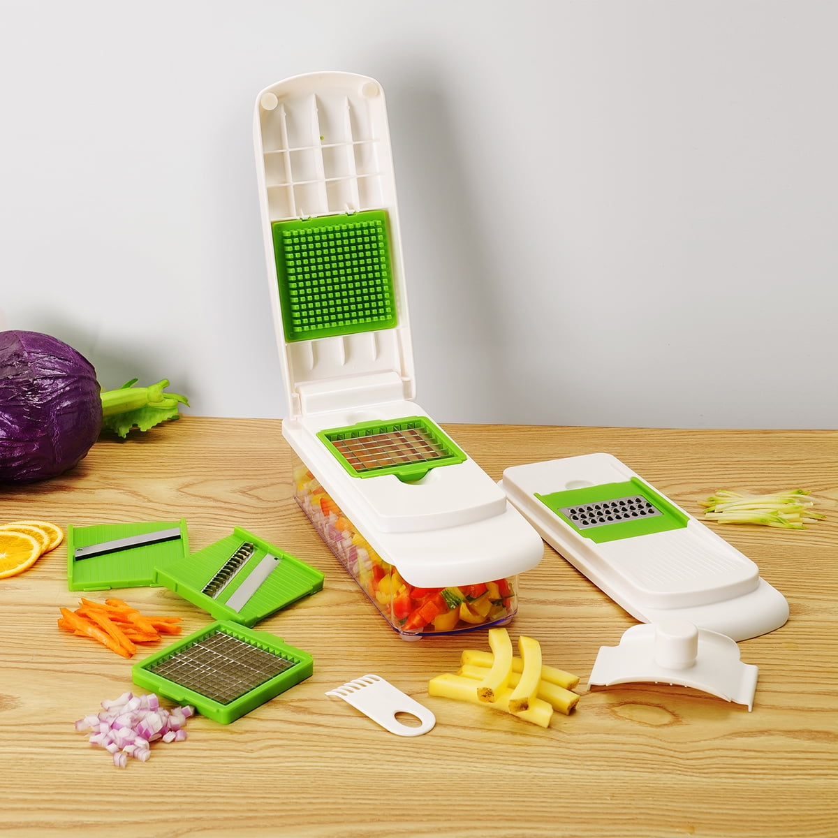 Time-Saving 11 Pieces Multi-Function Nice Dicer and Mandoline, Stainless Steel, Green Glaze, 820g - Premium Stainless Steel Garlic Presser & Peeler Detail
