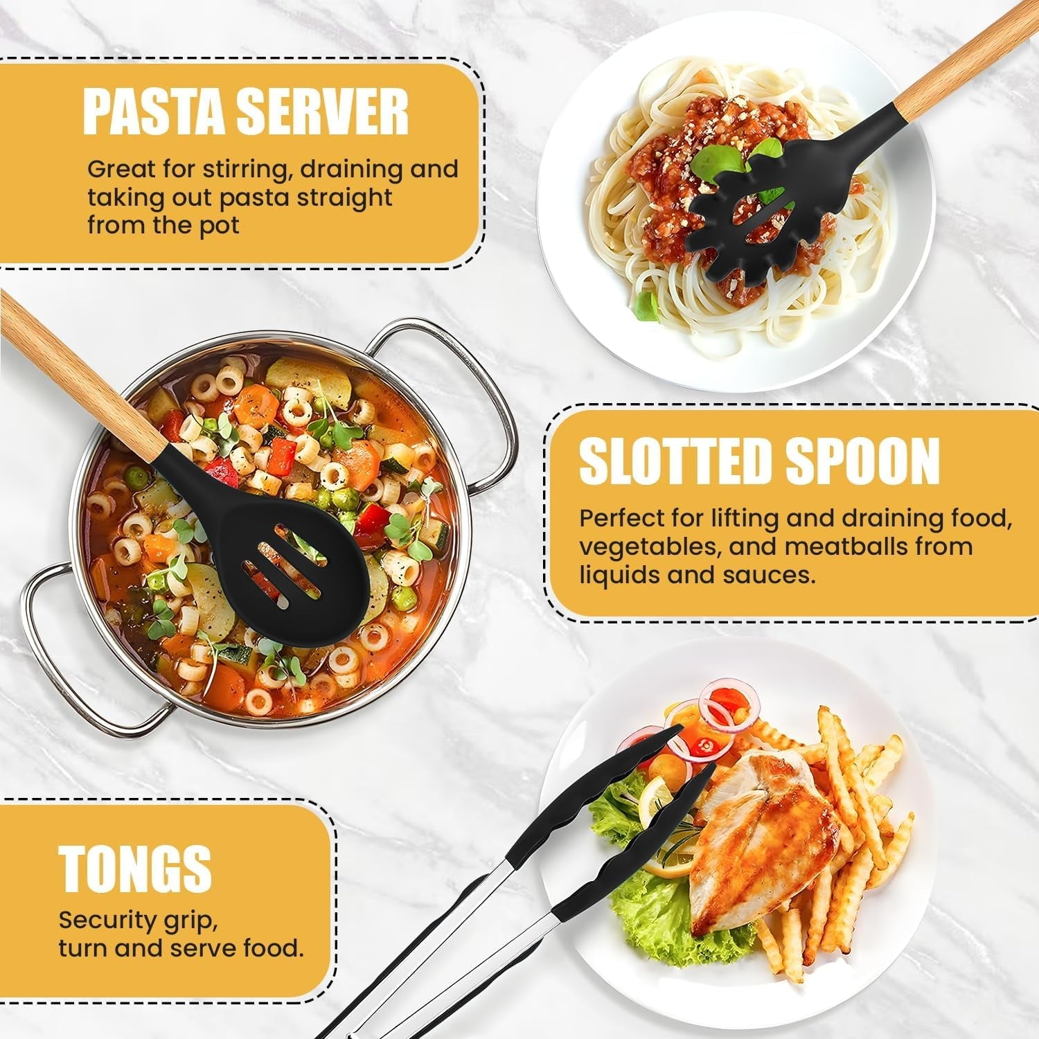 Seamless One-Piece Kitchen Utensils Set- 19 Pcs Silicone Cooking Utensils Set for Nonstick Cookware-Silicone Spatulas Set, Kitchen Gadge... - Ergonomic Kitchen Tongs and Cooking Spoon Utensil Detail
