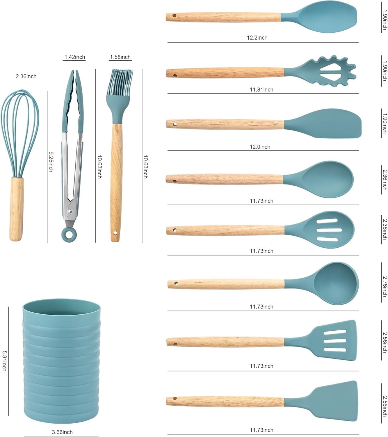 Premium Silicone Small Silicone Cooking Utensils with Holder Set (12Pack), Aqua Kitchen Tools with Wooden Handle for Nonstick... - Heat-Resistant Silicone Cooking Spatula Turner Detail
