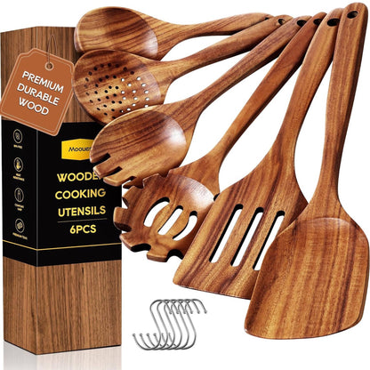 Ergonomic Cooking 6-Piece Natural Teak Wooden Spoons for Cooking With 10 Hooks，Handcrafted Kitchen Utensils Set ，Ideal Gift Set - Durable Turner & Ladle Utensil Set for Home Chefs - Default Title