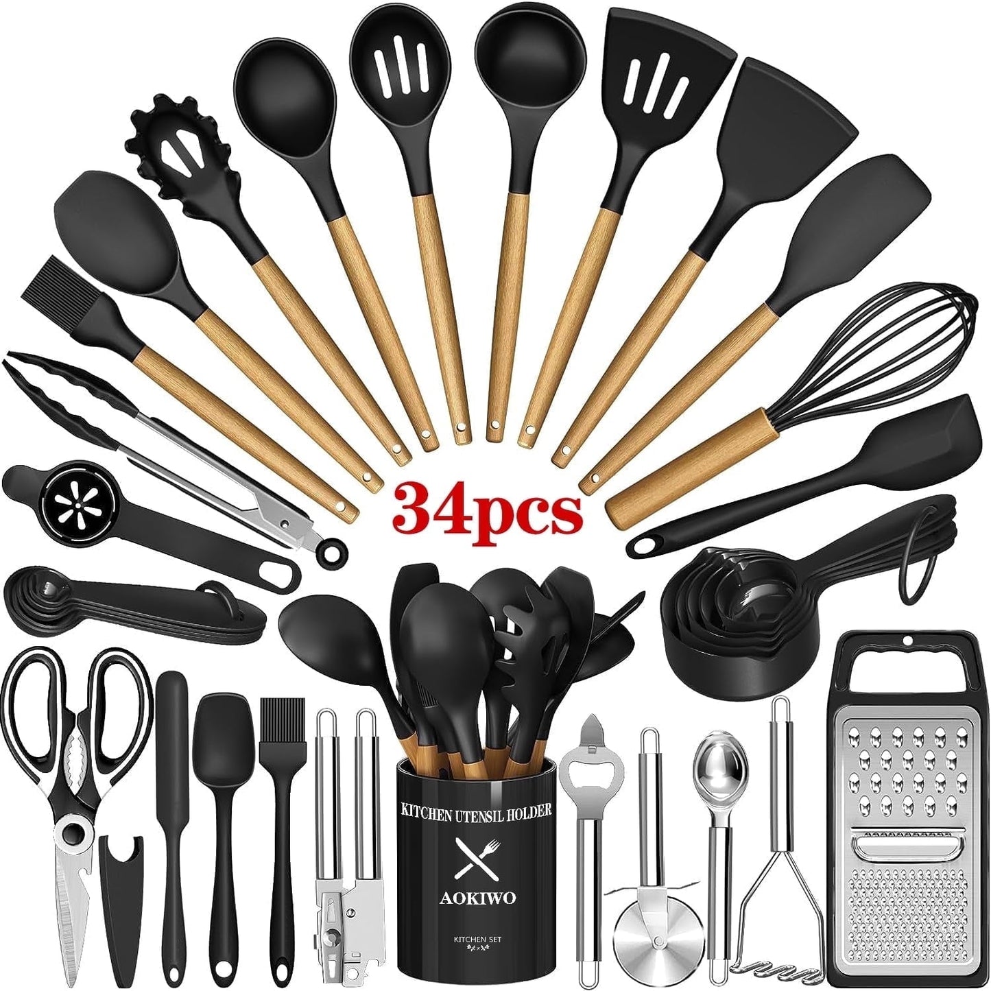 Non-Stick Safe Kitchen Utensil Set, 34Pieces Silicone Cooking Utensil Set with Wooden Handle, Heat Resistant Spatula Set Gadg... - Premium Stainless Steel Cooking Utensil for Non-Stick Pots - Default Title