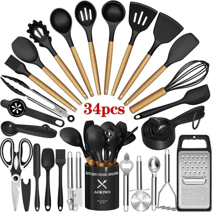 Non-Stick Safe Kitchen Utensil Set, 34Pieces Silicone Cooking Utensil Set with Wooden Handle, Heat Resistant Spatula Set Gadg... - Premium Stainless Steel Cooking Utensil for Non-Stick Pots - Default Title