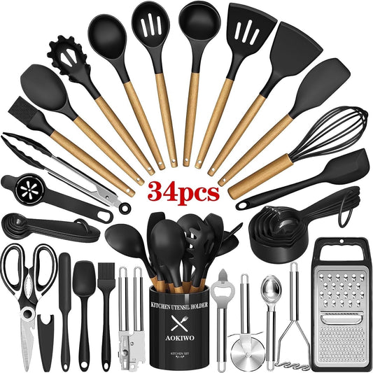 Non-Stick Safe Kitchen Utensil Set, 34Pieces Silicone Cooking Utensil Set with Wooden Handle, Heat Resistant Spatula Set Gadg... - Premium Stainless Steel Cooking Utensil for Non-Stick Pots - Default Title