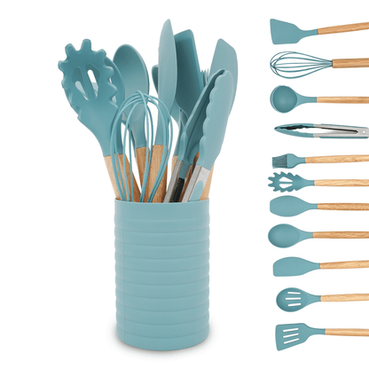 Premium Silicone Small Silicone Cooking Utensils with Holder Set (12Pack), Aqua Kitchen Tools with Wooden Handle for Nonstick... - Heat-Resistant Silicone Cooking Spatula Turner - Default Title