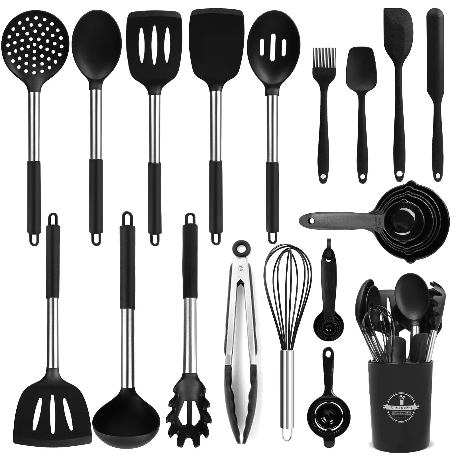 Ergonomic Cooking Silicone Cooking Utensils Set, 26 Pcs, Heat Resistant Kitchen Utensils Set, Black - Premium Stainless Steel Cooking Utensil for Non-Stick Pots - Default Title