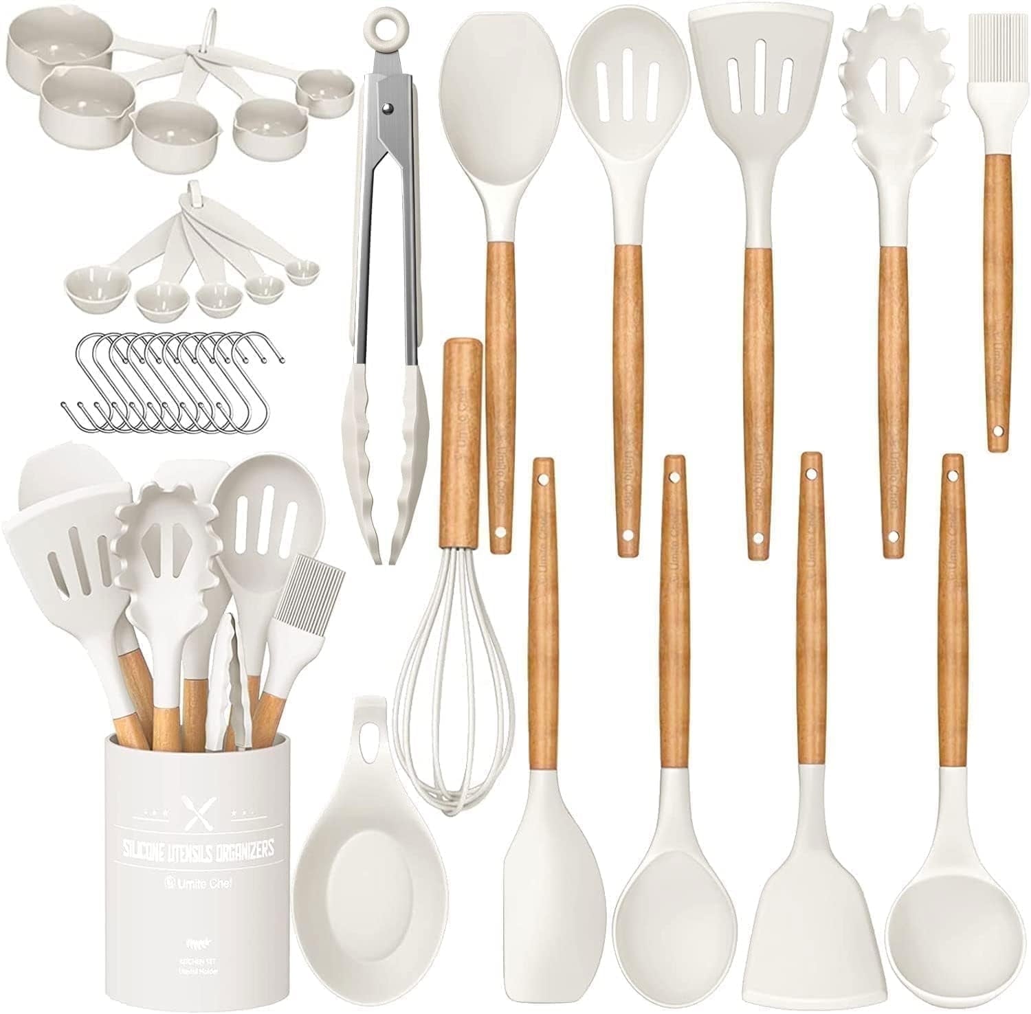 Ergonomic Manual Kitchen Cooking Utensils Set, 33 pcs Non-stick Silicone Cooking Kitchen Utensils Spatula Set with Holder, Wooden Hand... - Innovative Kitchen Helper for Modern Cooking - Default Title