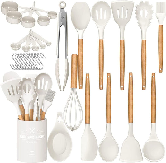 Premium Silicone Kitchen Cooking Utensils Set, 33 pcs Non-stick Silicone Cooking Kitchen Utensils Spatula Set with Holder, Wooden Hand... - Ergonomic Kitchen Tongs and Cooking Spoon Utensil - Default Title