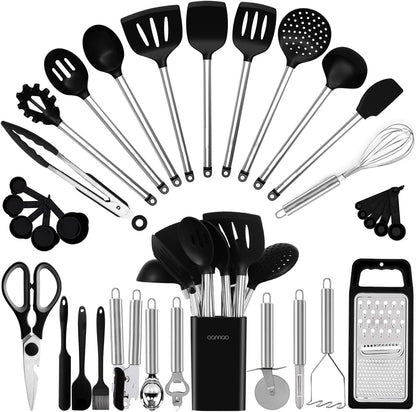 Heat-Resistant Kitchen Utensil Set-Silicone Cooking Utensils-33 Kitchen Gadgets & Spoons for Nonstick Cookware-Silicone and Stainles... - Premium Stainless Steel Cooking Utensil for Non-Stick Pots - Default Title