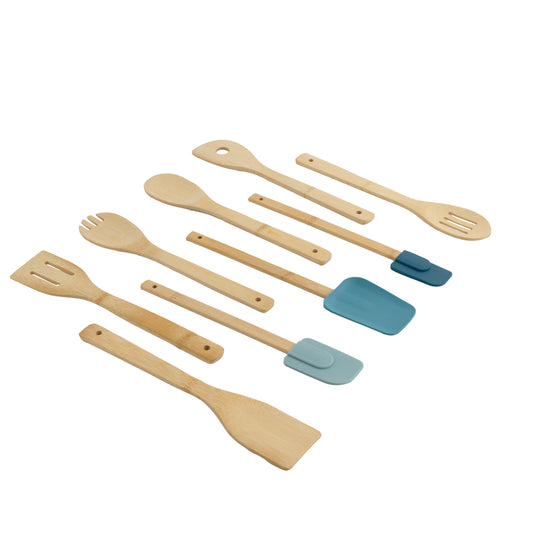 Non-Stick Safe 9-Piece Bamboo Gadgets Kitchen and Cooking Utensil Sets, Blue - Ergonomic Kitchen Tongs and Cooking Spoon Utensil - Default Title