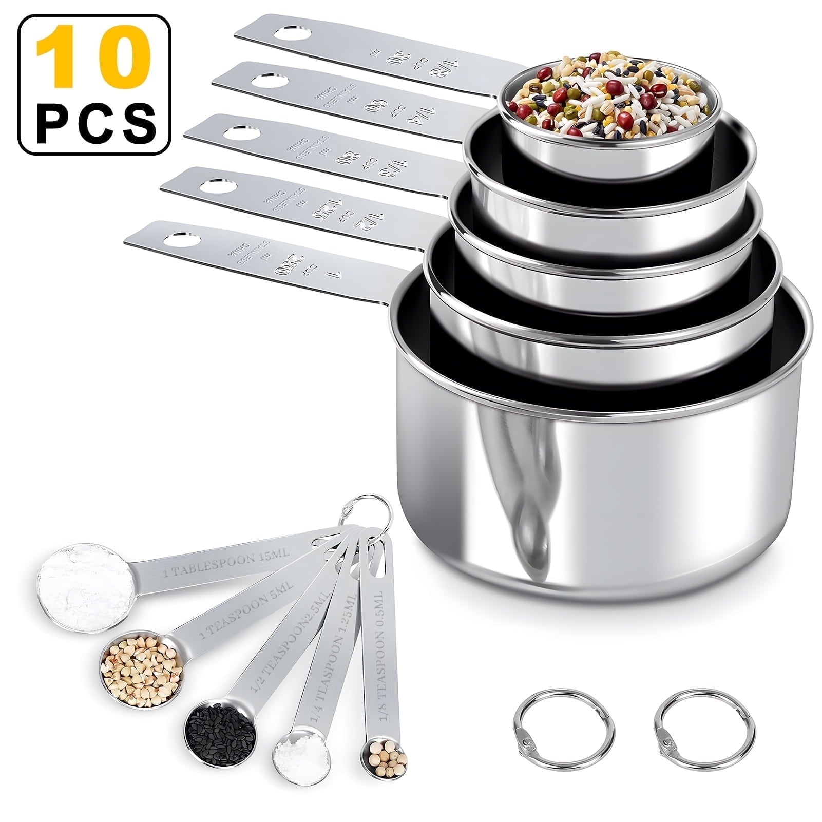 Premium Silicone Measuring Cups and Spoons Set of 10, 5 Stainless Steel Cups and 5 Spoons for Kitchen Cooking Baking - Ergonomic Kitchen Tongs and Cooking Spoon Utensil - Default Title