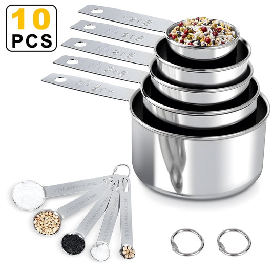 Premium Silicone Measuring Cups and Spoons Set of 10, 5 Stainless Steel Cups and 5 Spoons for Kitchen Cooking Baking - Ergonomic Kitchen Tongs and Cooking Spoon Utensil - Default Title