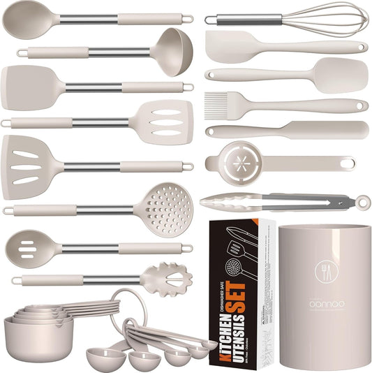 Professional Grade Large Silicone Cooking Utensils Set - Heat Resistant Kitchen Utensils,Turner Tongs,Spatula,Spoon,Brush,Whisk,Stainles... - Multi-Purpose Hand Tool for Daily Meal Prep - Default Title