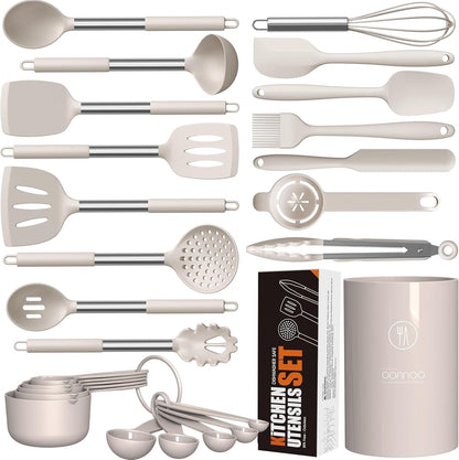 Seamless One-Piece Large Silicone Cooking Utensils Set - Heat Resistant Kitchen Utensils,Turner Tongs,Spatula,Spoon,Brush,Whisk,Stainles... - Premium Stainless Steel Cooking Utensil for Non-Stick Pots - Default Title