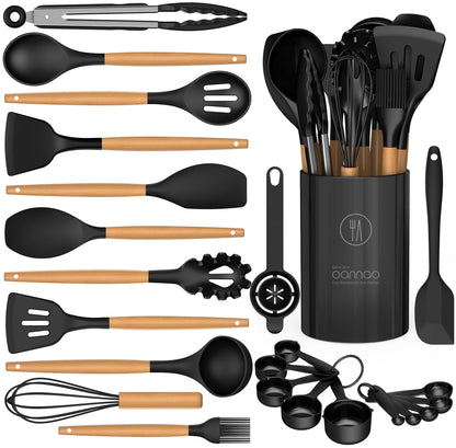 Non-Stick Safe Silicone Cooking Utensils Set - Silicone Kitchen Utensils for Cooking Wooden Handles, 446°F Heat Resistant Kitchen Ut... - Ergonomic Kitchen Tongs and Cooking Spoon Utensil - Default Title