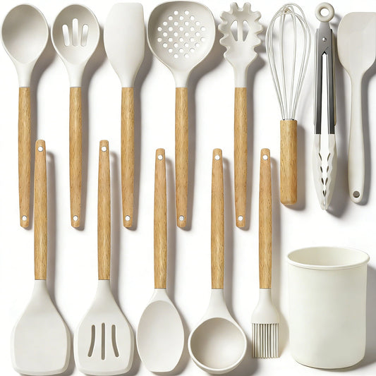 Heat-Resistant 14-Piece Silicone Cooking Utensils Set, Non-Stick Kitchen Utensil Set for Baking, Flipping, Mixing, White - Premium Stainless Steel Cooking Utensil for Non-Stick Pots - Default Title