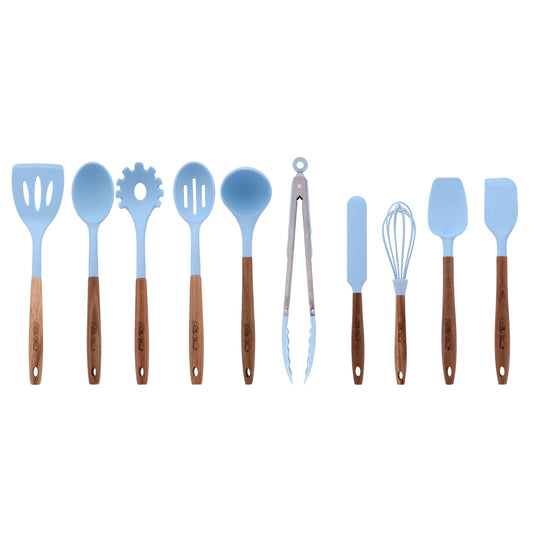 Heavy Duty 10-Piece Silicone and Acacia Wood Handle Cooking Utensils Set, Blue - Professional Kitchen Tool for Culinary Enthusiasts - Default Title