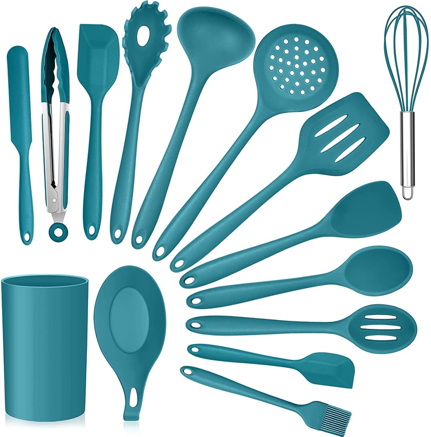 Durable Steel 15-Piece Kitchen Utensils Set, Silicone Cooking Utensils with Holder, Non-stick Cookware Friendly & Heat Resistant - ... - Professional Kitchen Tool for Culinary Enthusiasts - Default Title